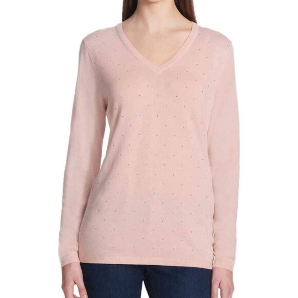 DKNY Jeans Women's XL Pink V-Neck Rhinestone Knit Sweater Long Sleeve Ribbed
